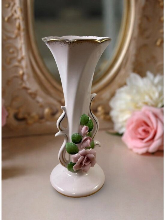 Unknown Other - Vintage Ceramic Bud Vase With Applied Pink Roses & Green Leaves Gold Accents 6.5